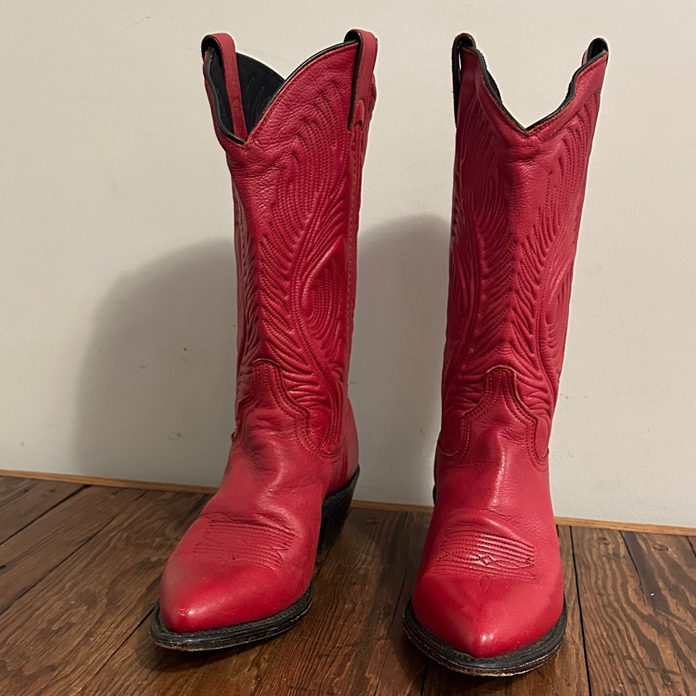 Vintage Abilene Women's Red Western Cowboy Boots - Classic Embroidered Shaft - Picture 2 of 8